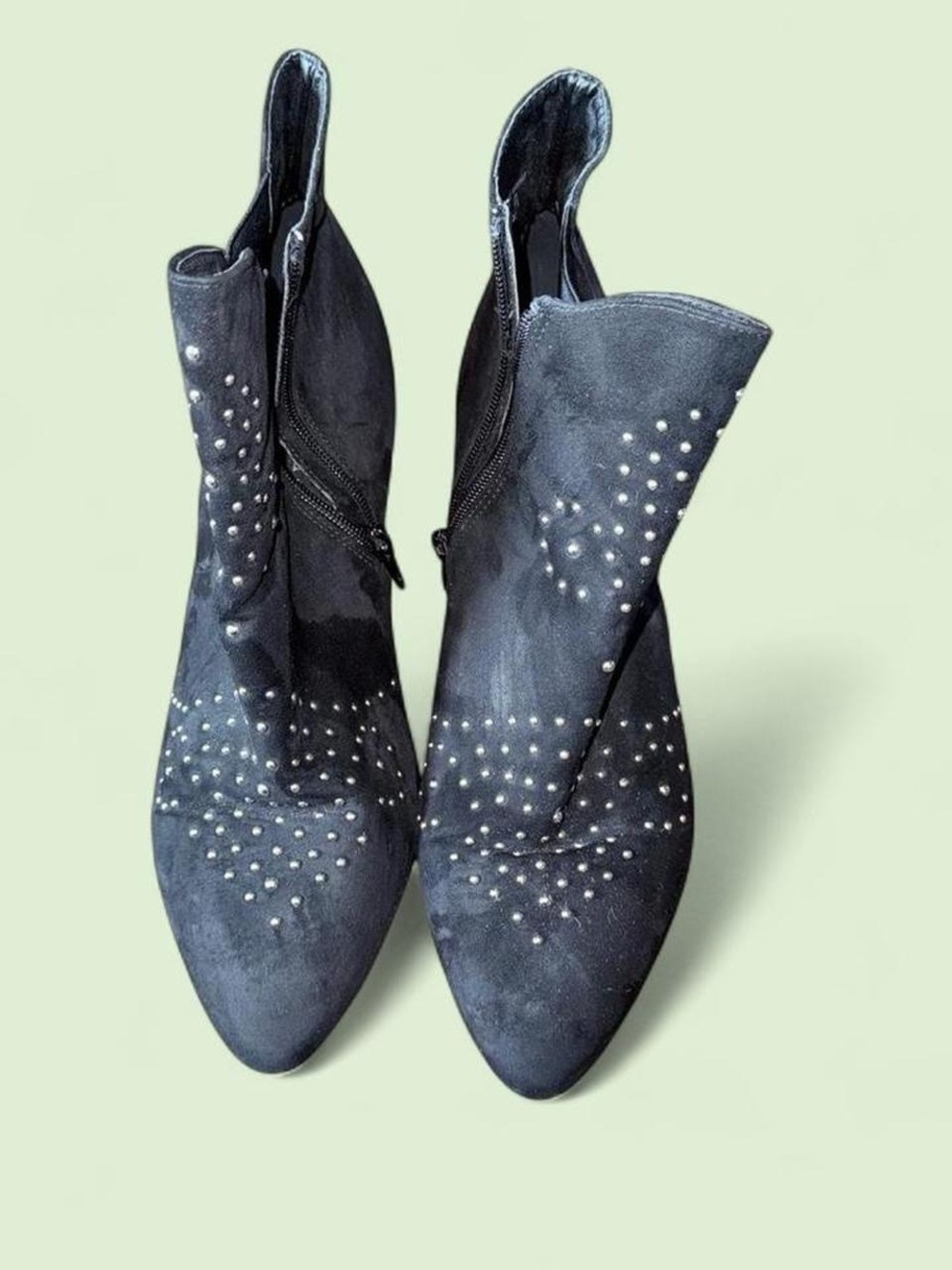 Studded Pointed Toe Black Suede Ankle Boots - Women